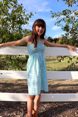 Girls Strapless Beach Dress in Cotton Gingham Mint