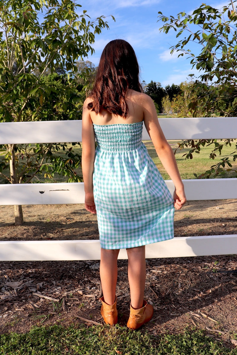 Girls Strapless Beach Dress in Cotton Gingham Mint