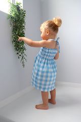 Girls Strapless Beach Dress in Cotton Gingham Sky Blue