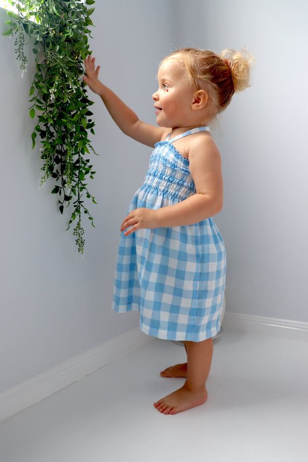 Girls Strapless Beach Dress in Cotton Gingham Sky Blue