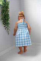 Girls Strapless Beach Dress in Cotton Gingham Sky Blue