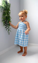 Girls Strapless Beach Dress in Cotton Gingham Sky Blue