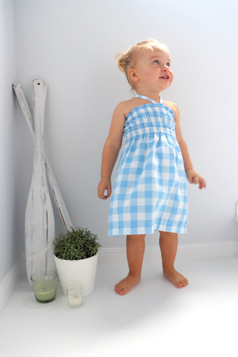 Girls Strapless Beach Dress in Cotton Gingham Sky Blue