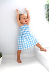 Girls Strapless Beach Dress in Cotton Gingham Sky Blue