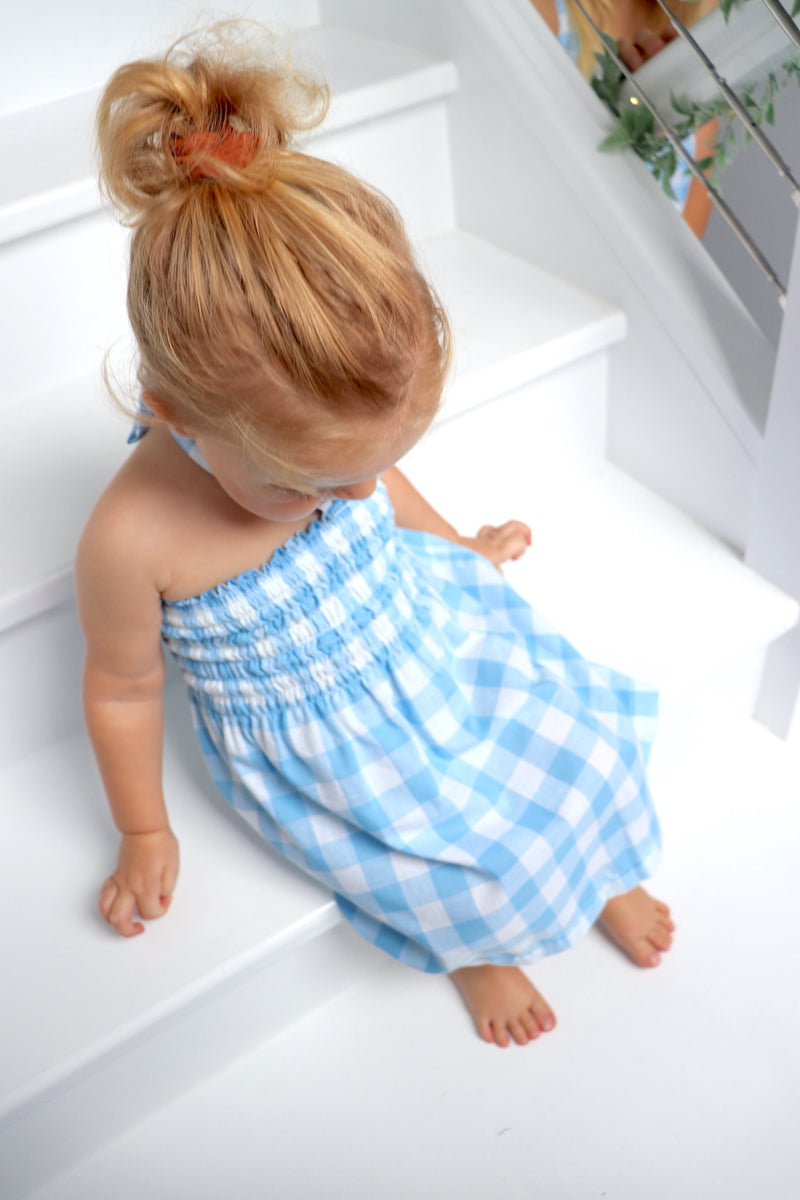 Girls Strapless Beach Dress in Cotton Gingham Sky Blue