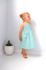 Girls Strapless Beach Dress in Cotton Gingham Mint