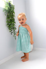 Girls Strapless Beach Dress in Cotton Gingham Mint