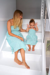 Girls Strapless Beach Dress in Cotton Gingham Mint