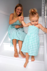 Girls Strapless Beach Dress in Cotton Gingham Mint