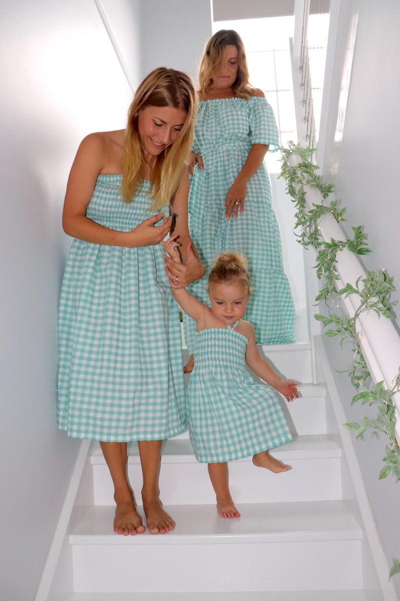 Girls Strapless Beach Dress in Cotton Gingham Mint