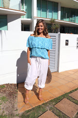 Love The Frill On Or Off the Shoulders Top In Ocean Blue