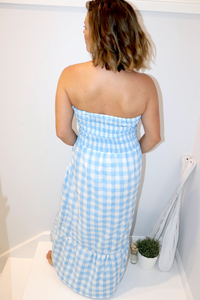Florence Strapless Dress In Sky Blue Cotton Gingham
