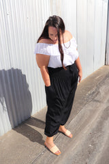 Harem Elastic Long Pant In Plain Black, White Or Taupe