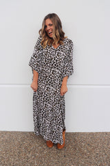 Long Kaftan In Black Leopard