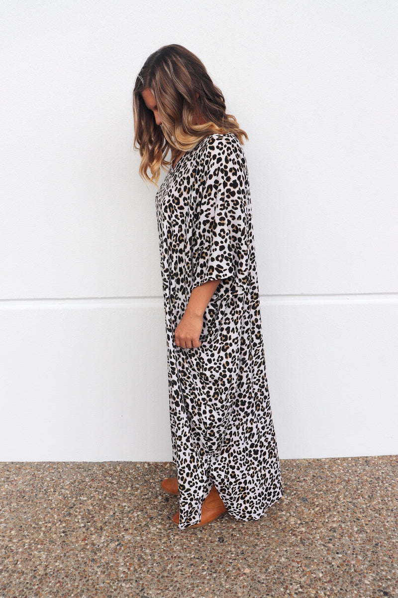 Long Kaftan In Black Leopard