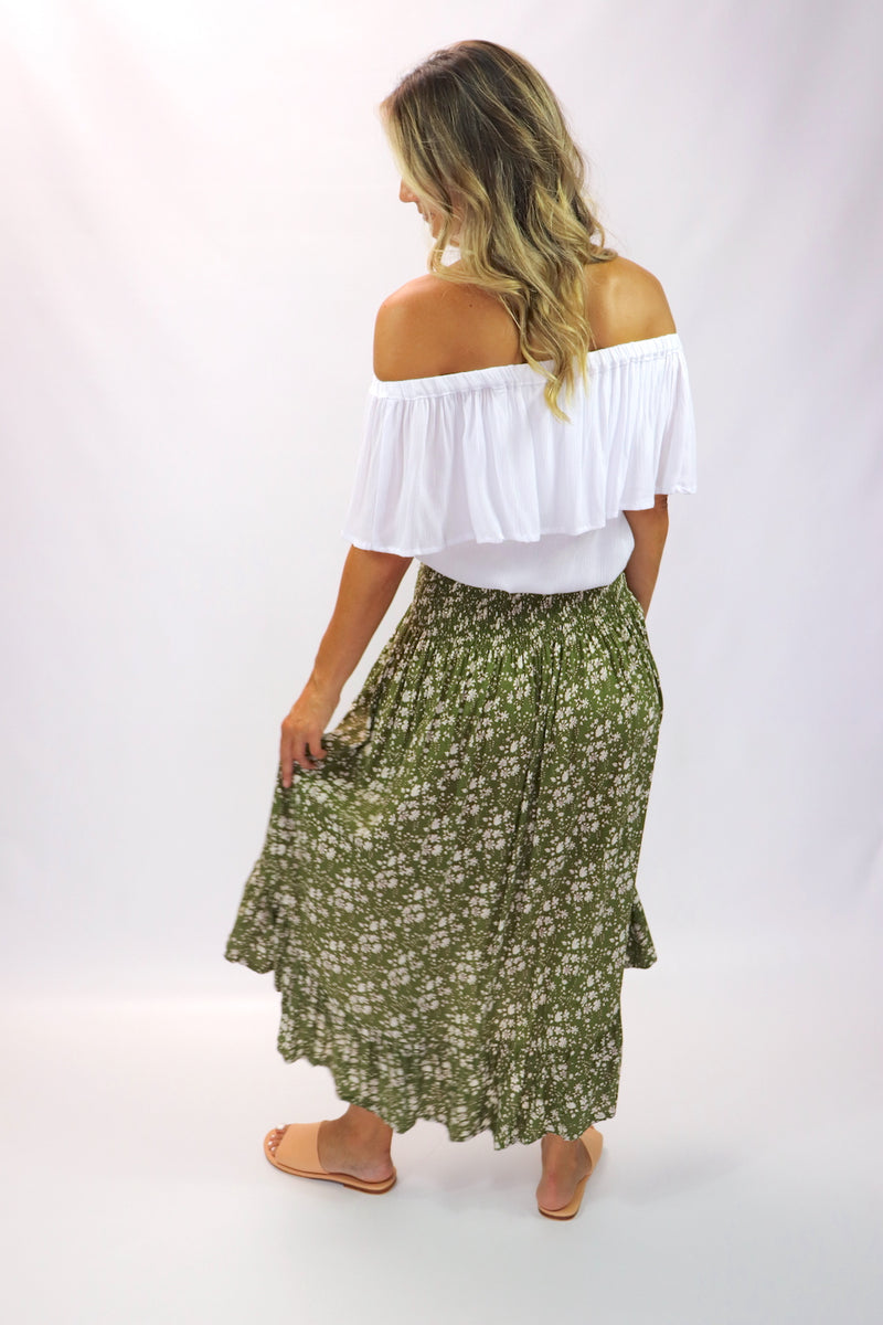 Long Bohemian Skirt In Olive Flower
