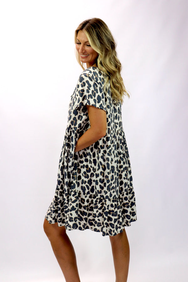 Baby Doll Button Up Dress In Grey Jaguar
