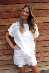 Anglaise Short Sleeve Cotton Top in White