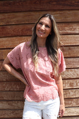 Anglaise Short Sleeve Cotton Top in Soft Terracotta