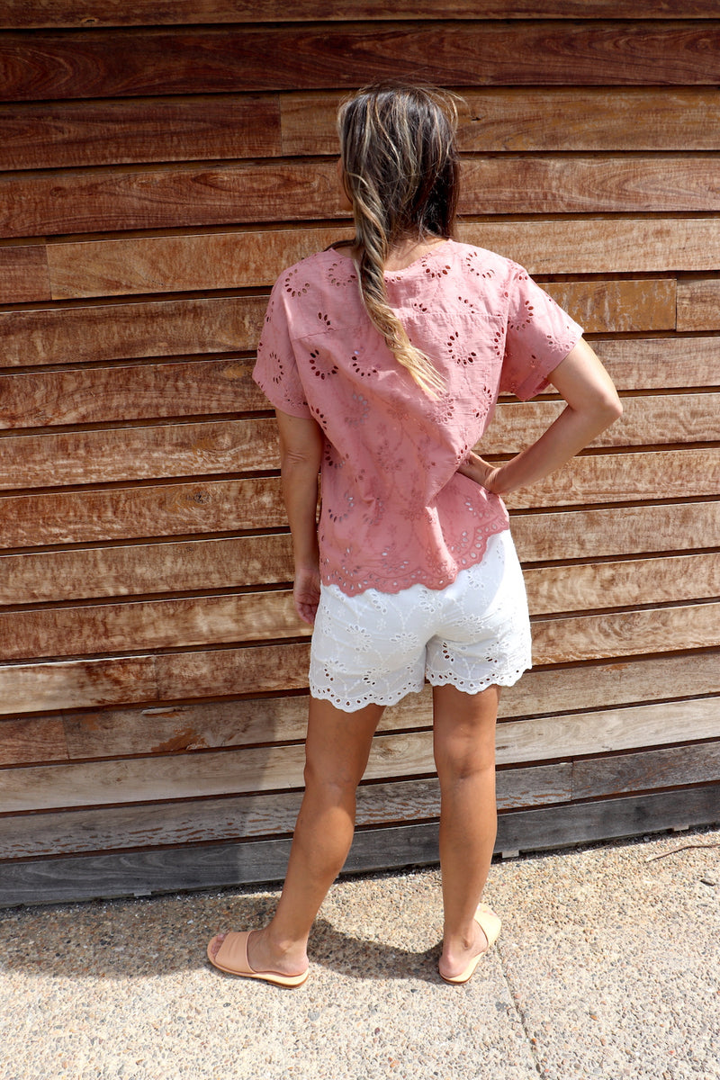 Anglaise Short Sleeve Cotton Top in Soft Terracotta