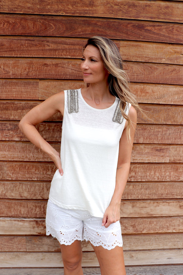 Cleo Beaded Cotton Tank Top in Eggshell - last one size 10