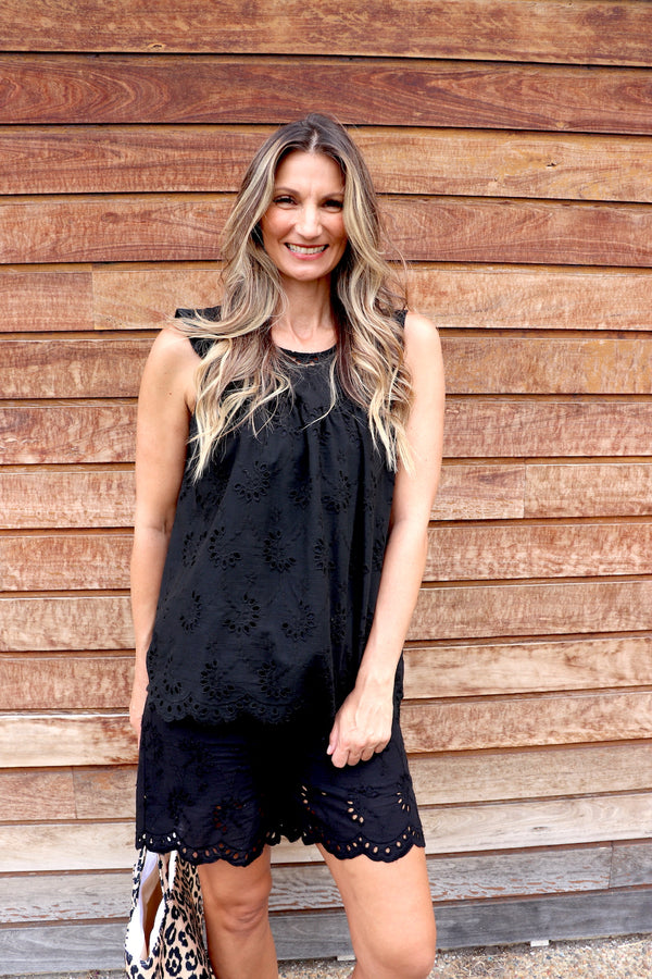 Anglaise Frill Tank Top in Black