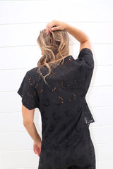 Anglaise Short Sleeve Cotton Top in Black