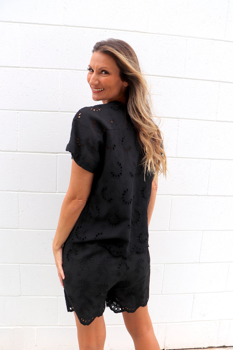 Anglaise Short Sleeve Cotton Top in Black