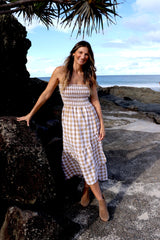 Florence Strapless Dress In Latte Cotton Gingham