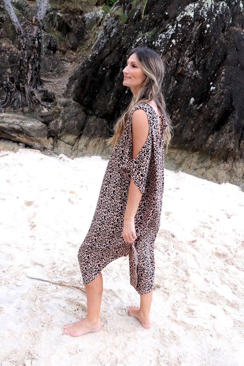 Cold Shoulder Dress In Tan Leopard