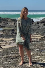 Short Kaftan With Tassels In Olive Raindrop